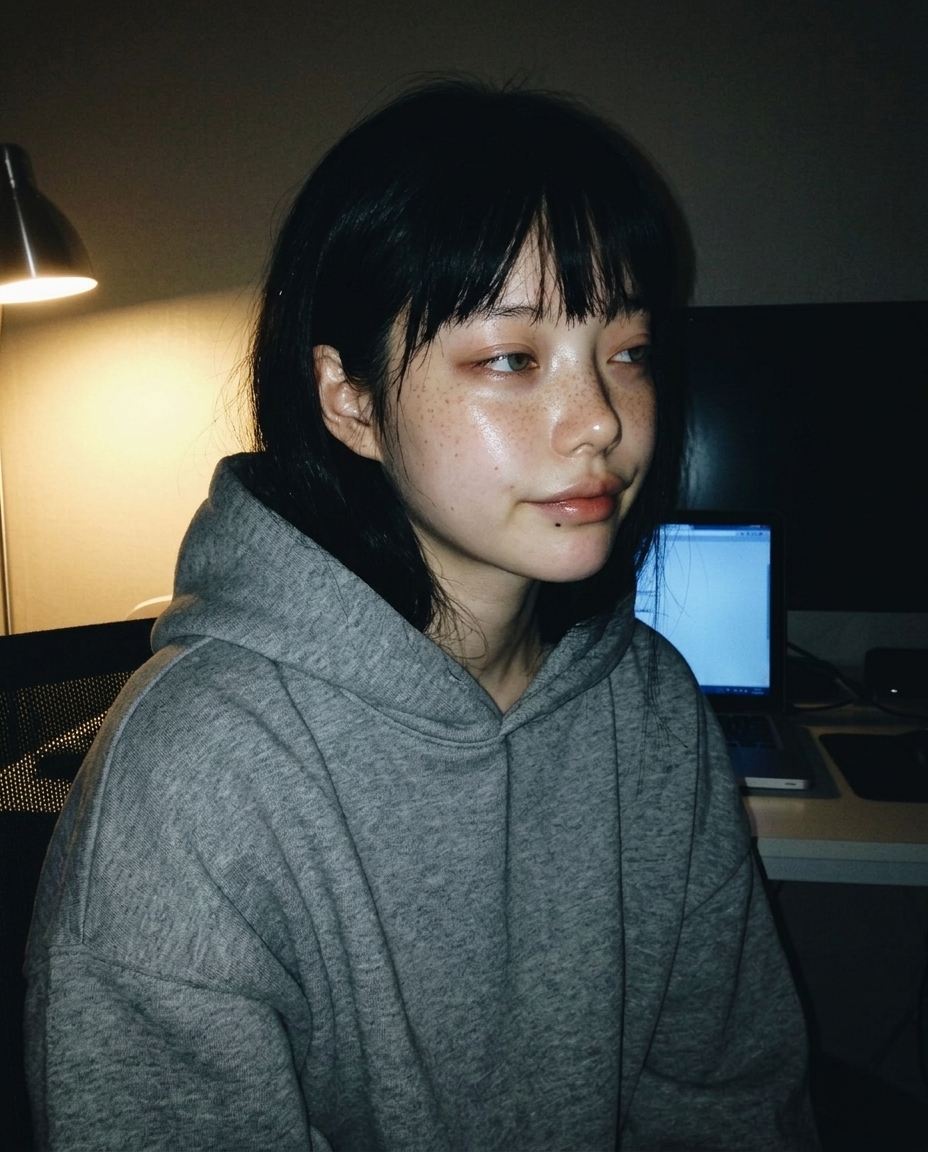 새벽 자정 작업방 책상에서 노트북과 보리차 머그를 둔 채 노란 램프 옆에서 어깨까지 미디엄 측면 셀카