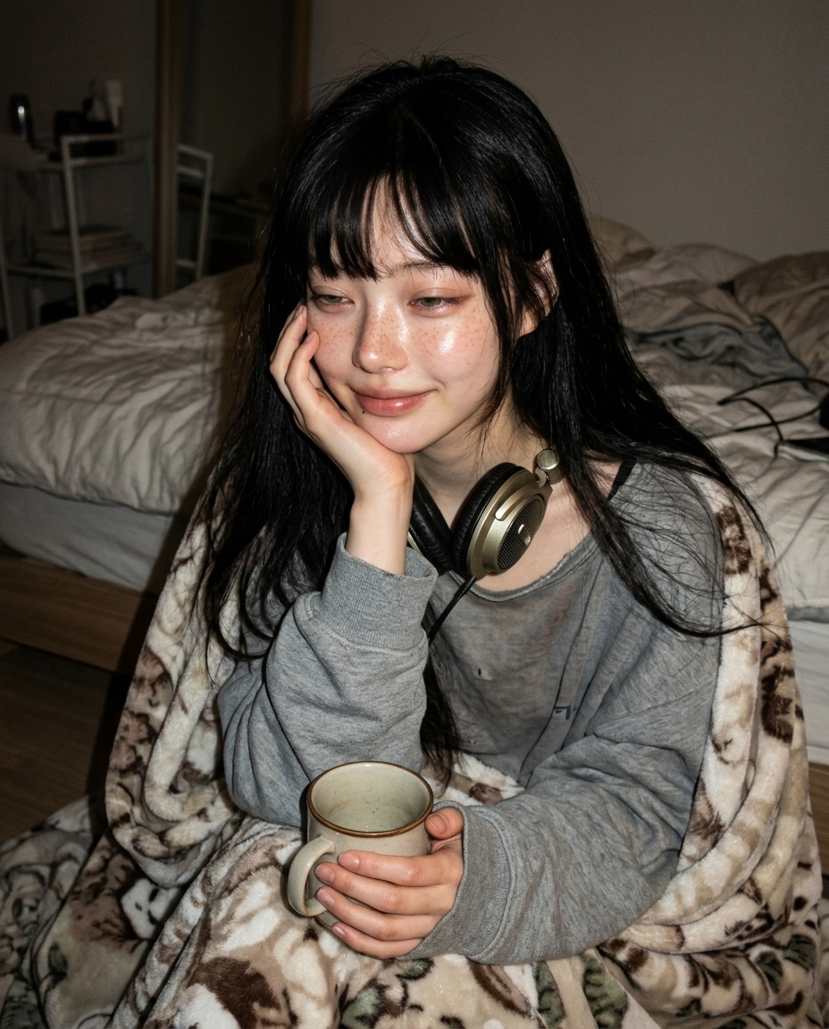 어두운 방, 노란 단스탠드 빛에 얼굴 절반이 비친 졸린 표정의 셀카