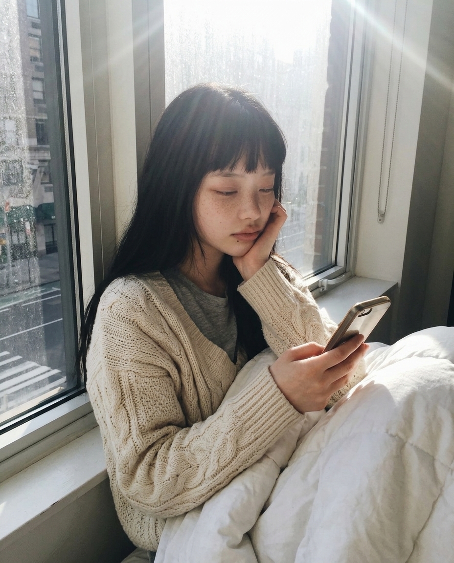 창가에 앉아 흰 이불을 덮고 크림색 니트 차림으로 졸린 눈으로 휴대폰을 보는 창백한 피부의 젊은 여성, 아침 역광