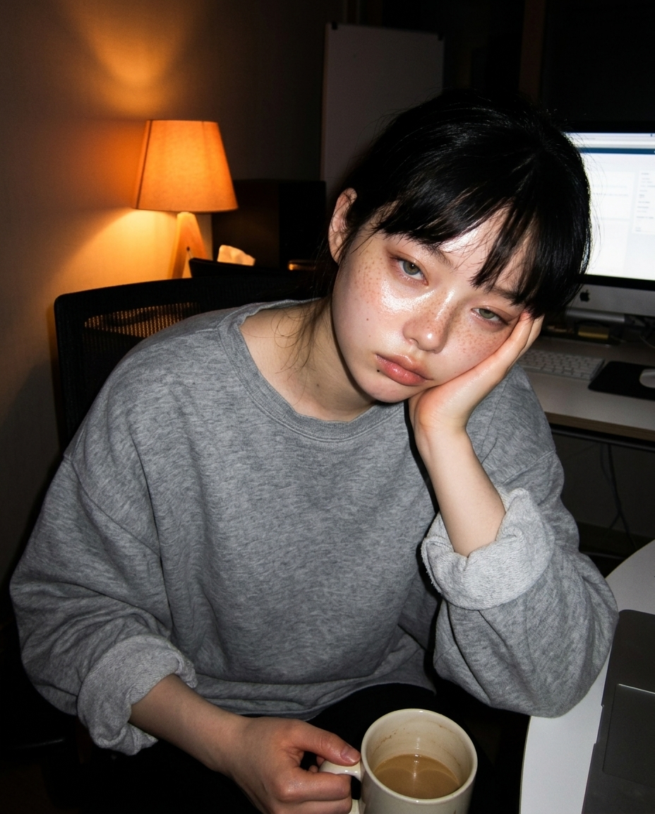 어두운 방에서 책상 스탠드 하나만 켜고 머그를 두 손으로 감싼 채 졸린 눈으로 카메라를 보는 창백한 주근깨 얼굴의 새벽