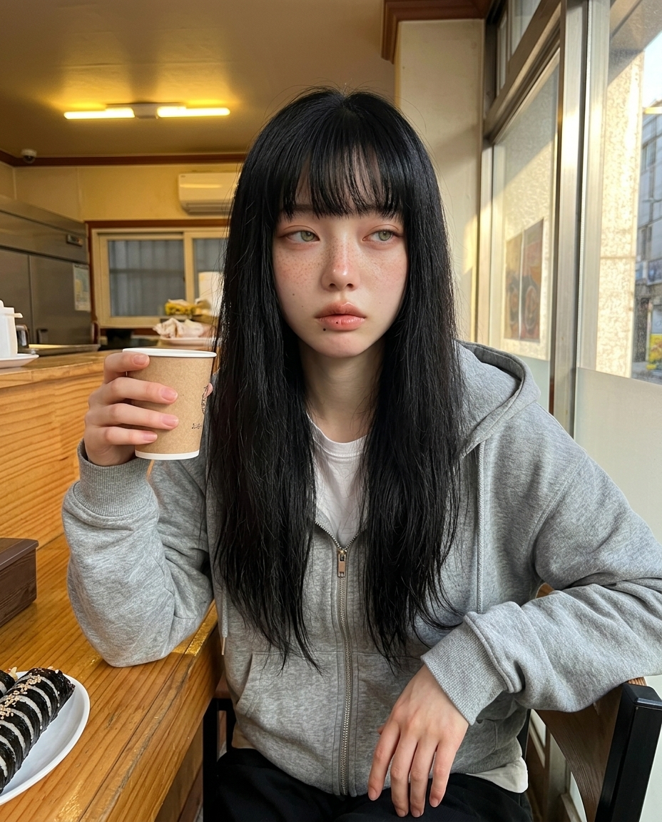 정오 분식집 카운터 김밥 한 줄 회색 후드 단발 chest-up