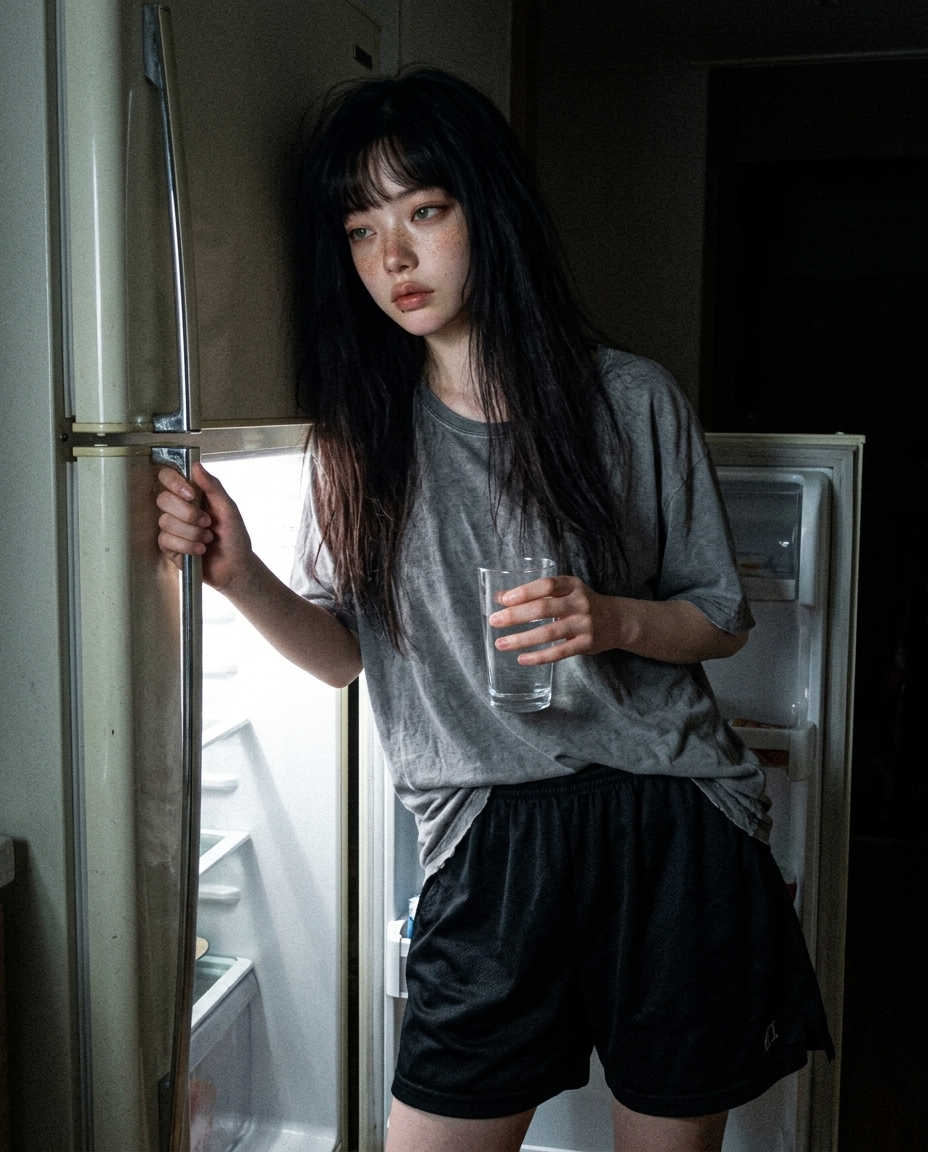 열린 냉장고의 흰 불빛만 받으며 한밤 부엌에 선 창백한 피부에 주근깨, 졸린 눈의 인물. 물컵을 들고 멍하니 정면을 본다.