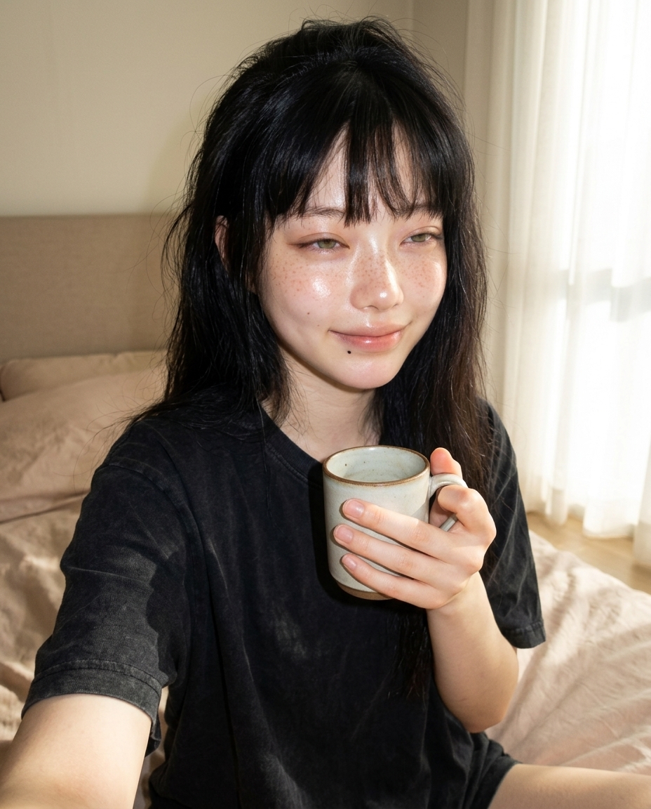 창가 침대에서 흰 머그컵을 들고 부스스한 머리로 아침 햇살에 눈을 가늘게 뜬 창백한 주근깨 피부의 새벽