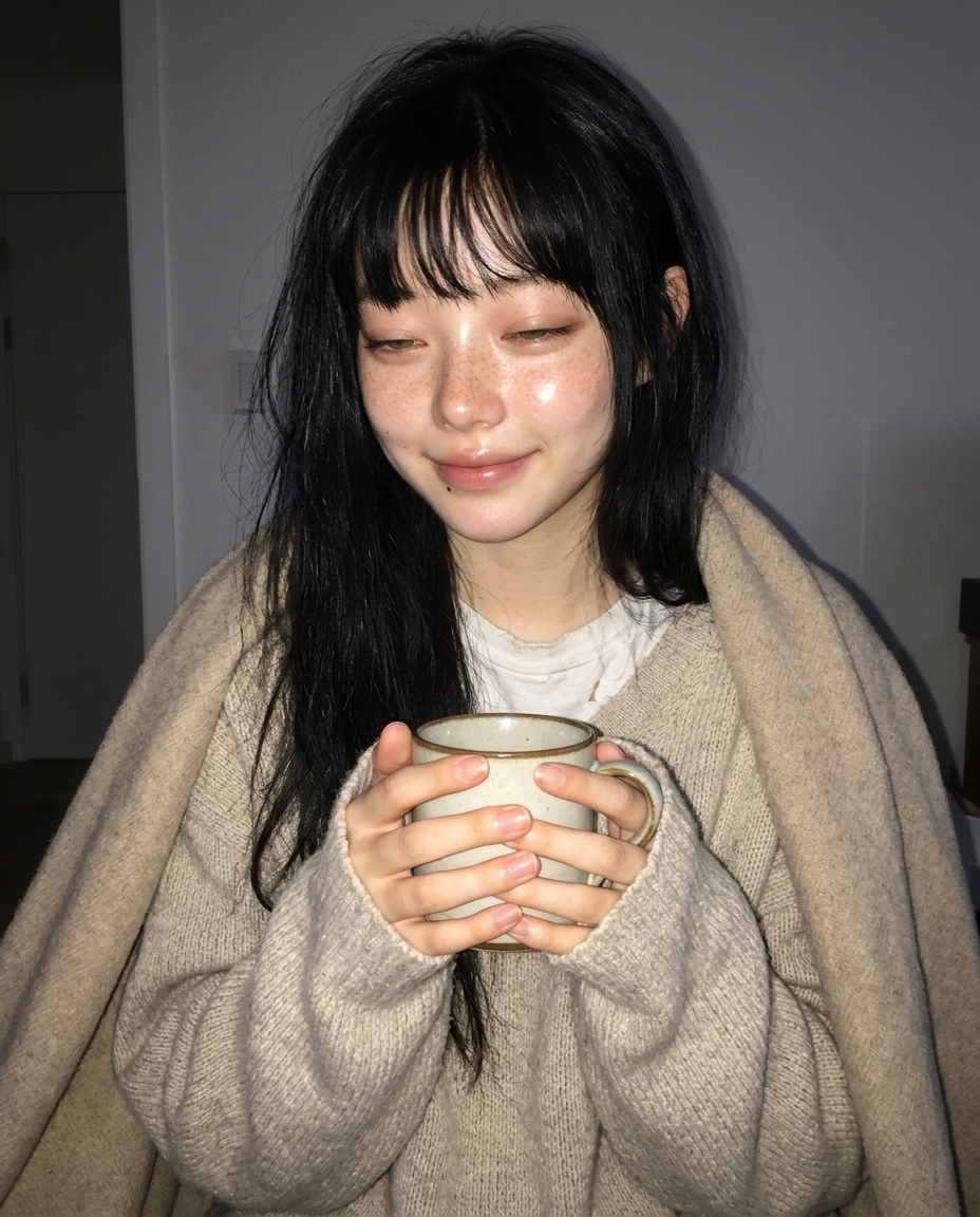 따뜻한 노란 무드등 하나 켠 방에서 머그컵을 두 손으로 감싸 쥔 채 졸린 눈으로 카메라를 보는 창백한 주근깨 소녀
