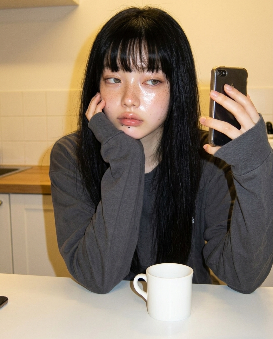 부엌 식탁 끝에 한쪽 팔꿈치 괴고 앉은 새벽. 식은 도자기 머그 옆, 옆얼굴에 떨어지는 오후 햇빛.