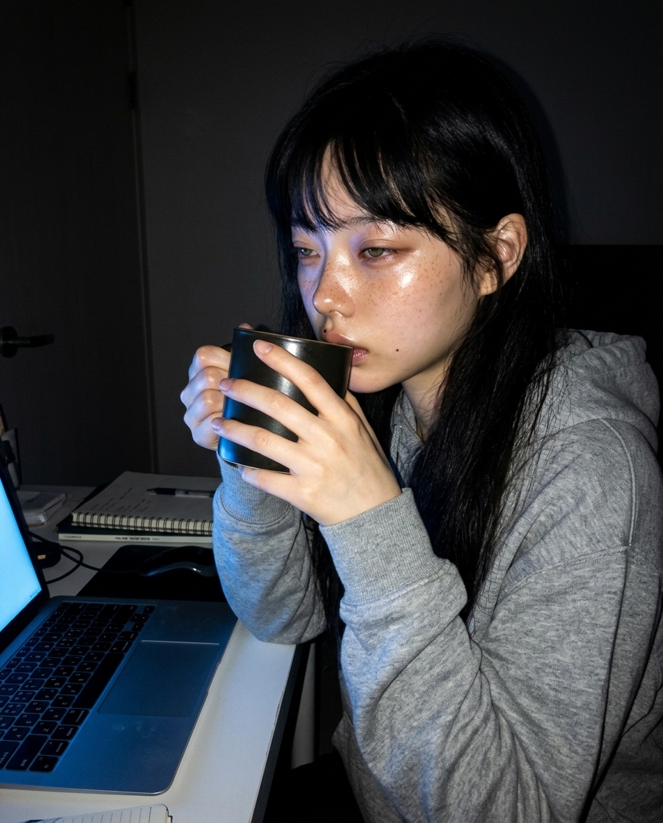측면 가까운 클로즈업, 회색 후드티, 머그 양손으로 입가 가까이, 노트북 푸른빛 옆얼굴 옅게, 책상 어둠