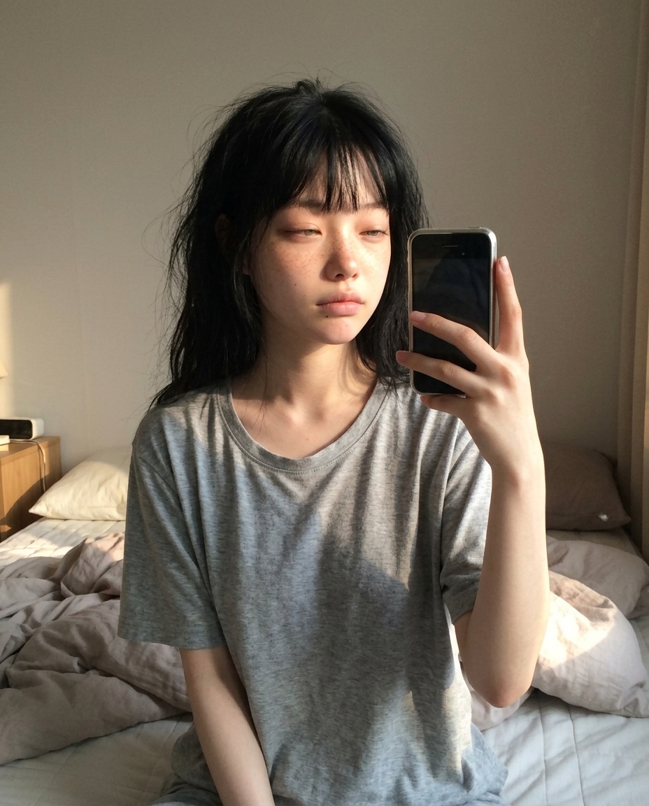 창가 침대 가장자리에 앉아 첫 햇살을 한쪽 뺨에 받고 있는 창백한 주근깨 얼굴의 졸린 표정, 헝클어진 머리