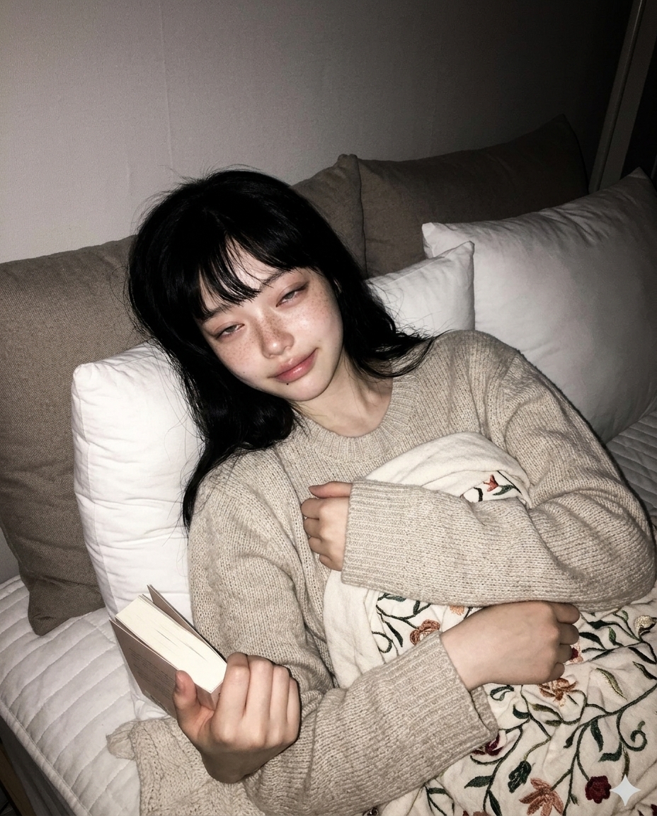 주황 램프 불빛 아래 니트 차림으로 책을 가슴에 안고 졸린 눈으로 카메라를 보는 새벽