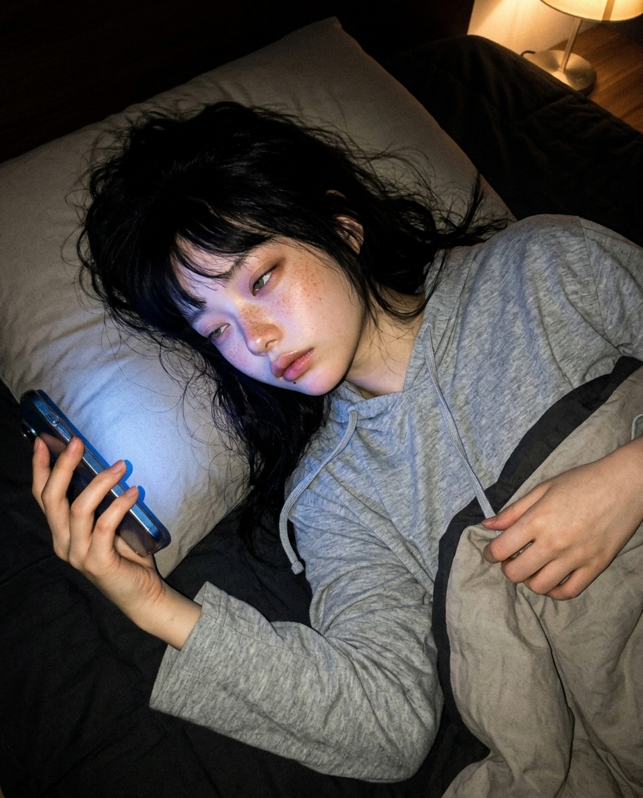 어두운 방 워밍 램프 빛 아래 베개에 머리 옆으로 누인 채 폰 들어 올린 셀카