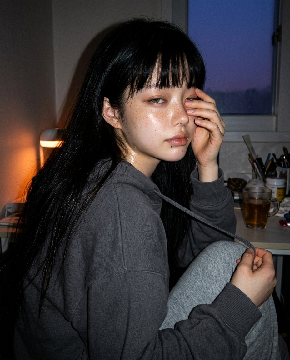 책상 옆 무드등 주황빛 받으며 손등으로 눈가 누른 셀카