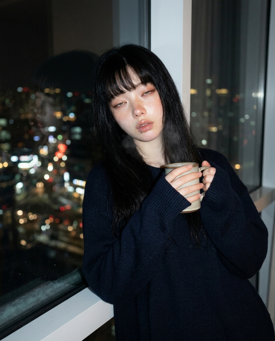 네이비 니트를 입은 창백한 주근깨 얼굴의 인물이 어두운 방 창가에서 김 오르는 머그컵을 들고 도시 야경을 등진 채 셀카를 찍고 있다
