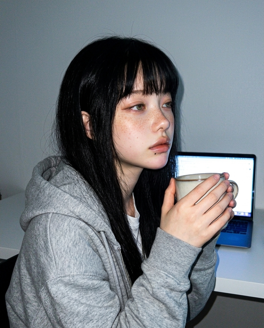 회색 후드티 새벽 저녁 작업방 책상 위 보리차 머그 하나 노트북 화면 푸른빛만 측면 4분의 3 어깨 위 클로즈업