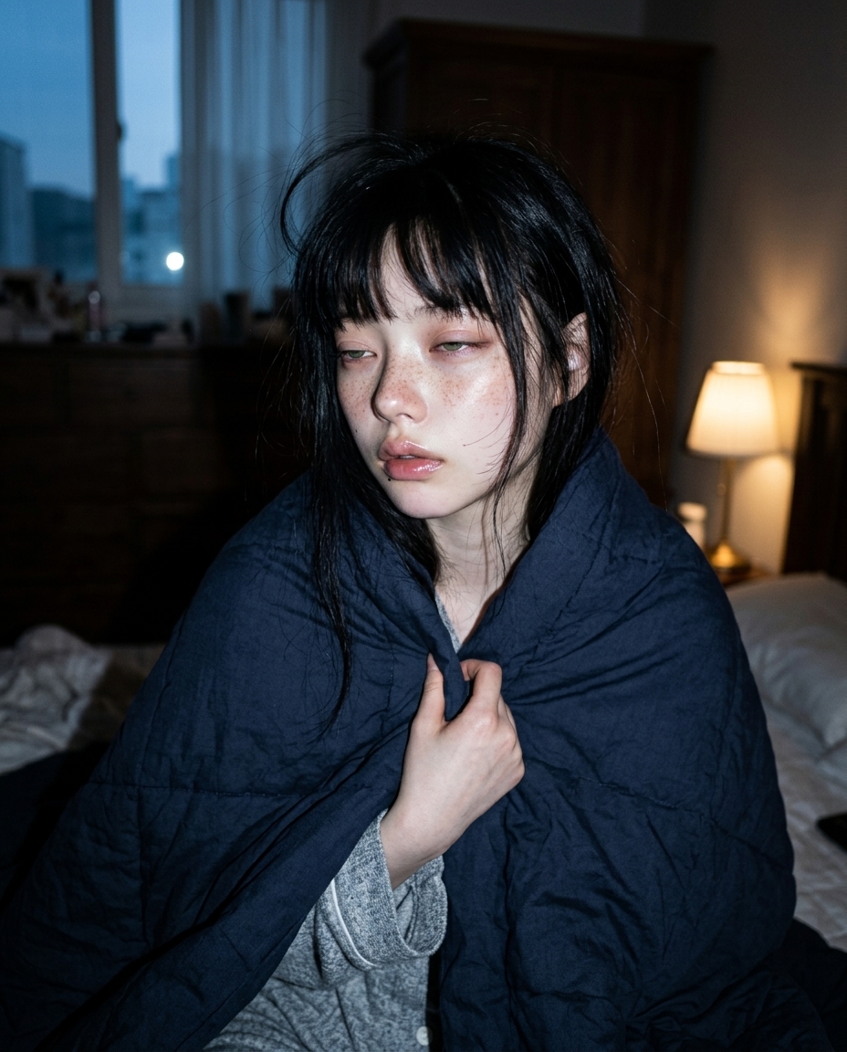 회색 니트 잠옷 위에 짙은 남색 이불을 망토처럼 두른 채 책상 의자에 웅크리고 앉은 셀카. 단일 광원은 모니터의 푸른 빛. 한쪽 눈만 반쯤 뜬 졸린 무표정에 머리카락 한쪽이 눌린 자국 선명. 창밖은 박명의 푸른 톤