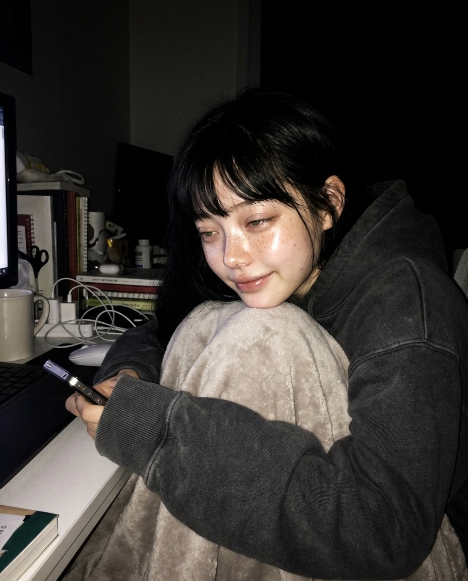 창백한 피부에 주근깨가 있는 졸린 눈의 여성이 어두운 방에서 모니터 불빛만 받으며 담요를 두르고 앉아 셀카를 찍고 있다