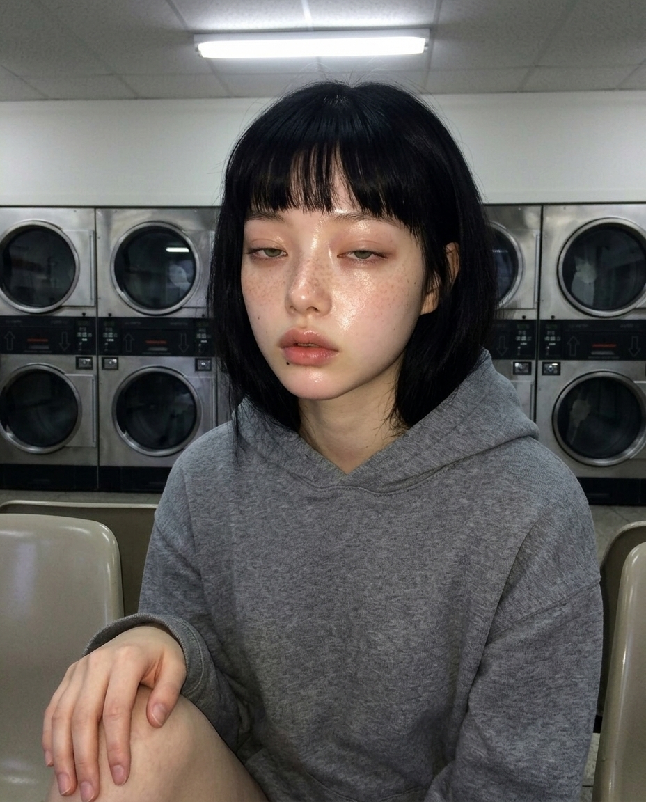 pale freckled girl with short black hair in grey hoodie sitting in small coin laundromat front of washer porthole fluorescent ceiling light evening