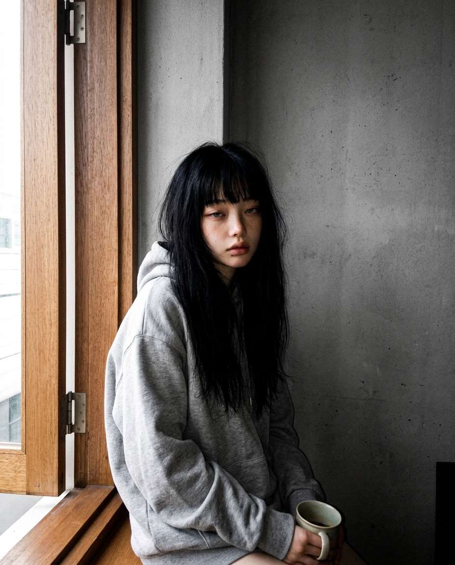 회색 후디 입은 캐릭터가 발코니 문턱에 앉아 머그컵을 양손으로 안고 푸른 새벽빛이 도는 창밖을 바라보는 셀카