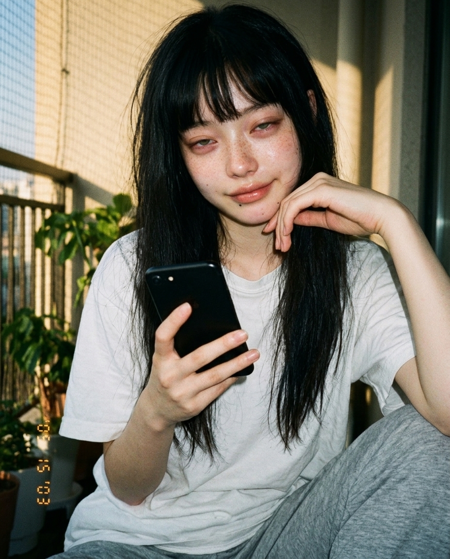 졸린 눈, 흐트러진 머리, 베란다 화분 옆에서 휴대폰을 비스듬히 든 흰 면 티 차림 인물의 가슴 위 셀카