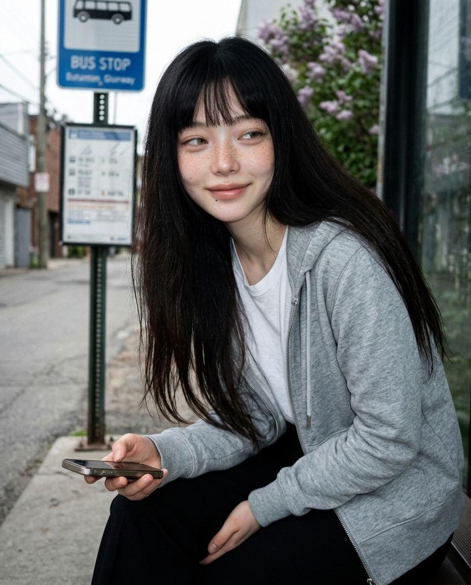 흐린 봄 아침 동네 마을버스 정류장 옆 알루미늄 벤치에 앉아 셀카 찍는 새벽. 회색 후드 집업, 검정 슬랙스, 긴 머리. 손에 폰. 정류장 표지판 뒤로 보이는 좁은 골목과 라일락.