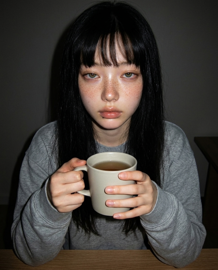한밤 작업방 책상에서 단일 보리차 머그를 양손으로 감싸 쥐고 카메라를 정면 응시하는 미디엄 클로즈업 셀카