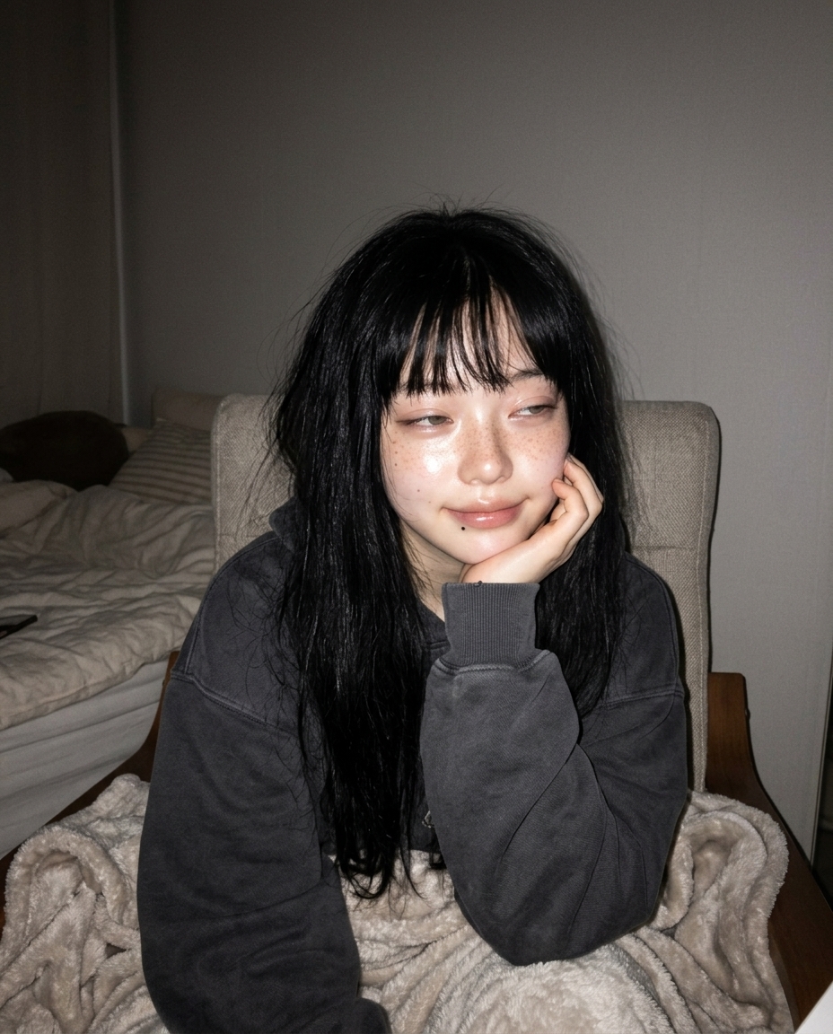 창백한 피부에 주근깨, 졸린 눈의 새벽이 어두운 방에서 따뜻한 램프 하나만 켠 채 책상 앞에 앉아 카메라를 바라보는 새벽 2시 셀카