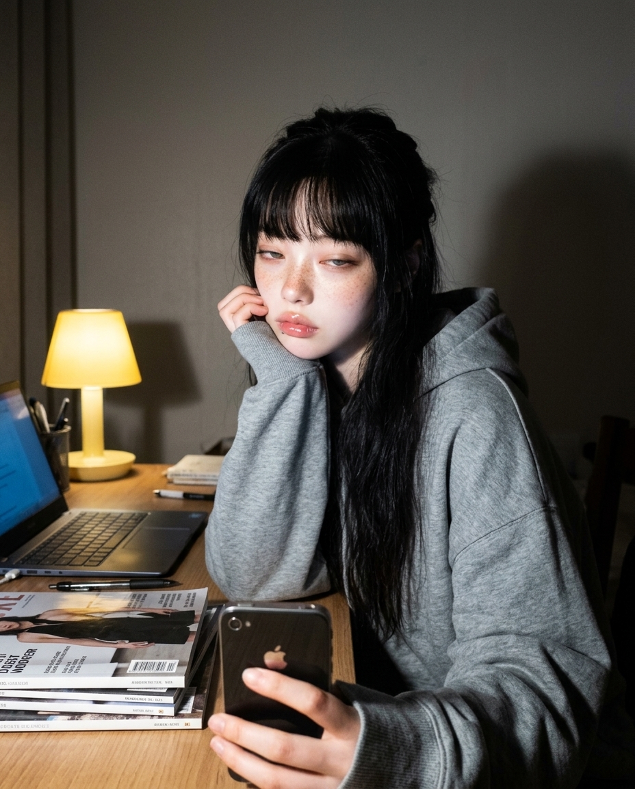 회색 후드티 입은 새벽이가 책상에 팔꿈치 올리고 턱 괸 채 카메라를 비스듬히 본 셀카. 노란 데스크 램프와 노트북 화면 빛이 한쪽씩 얼굴을 비춤