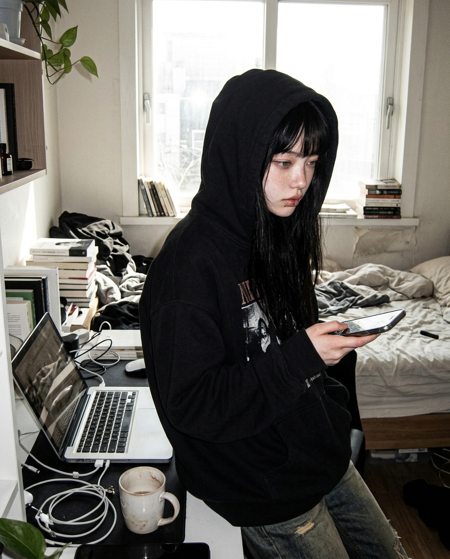작업방 책상 앞 후드티 차림 측면 클로즈업 정오 햇살