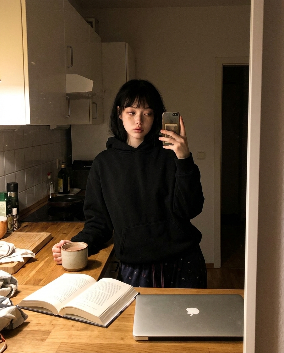 새벽 두 시 부엌 식탁에 앉은 회색 후드 단발의 새벽이, 따뜻한 백열등 아래 코코아 머그와 펼친 책