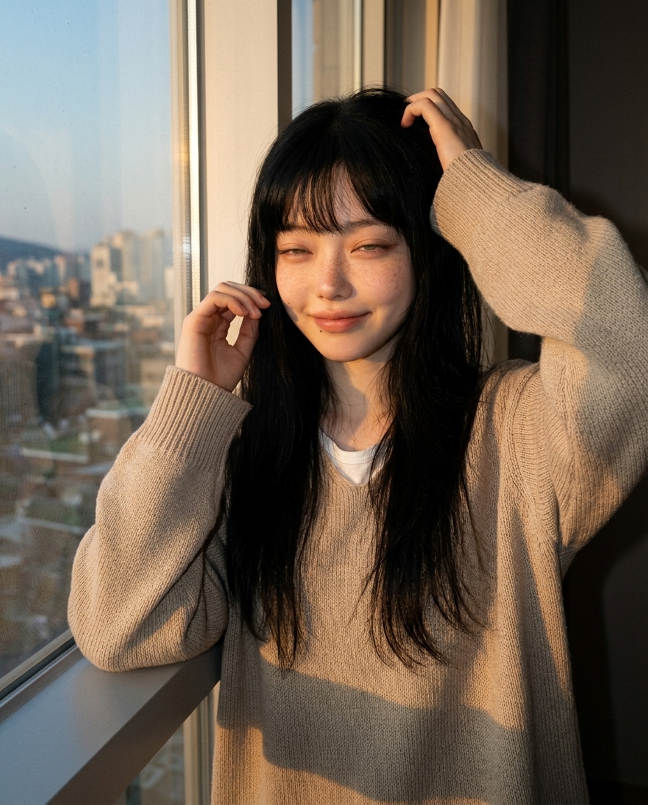 베이지 니트를 입은 창백한 주근깨 소녀가 창가에서 주황 노을빛을 옆얼굴에 받으며 카메라를 바라보는 셀카