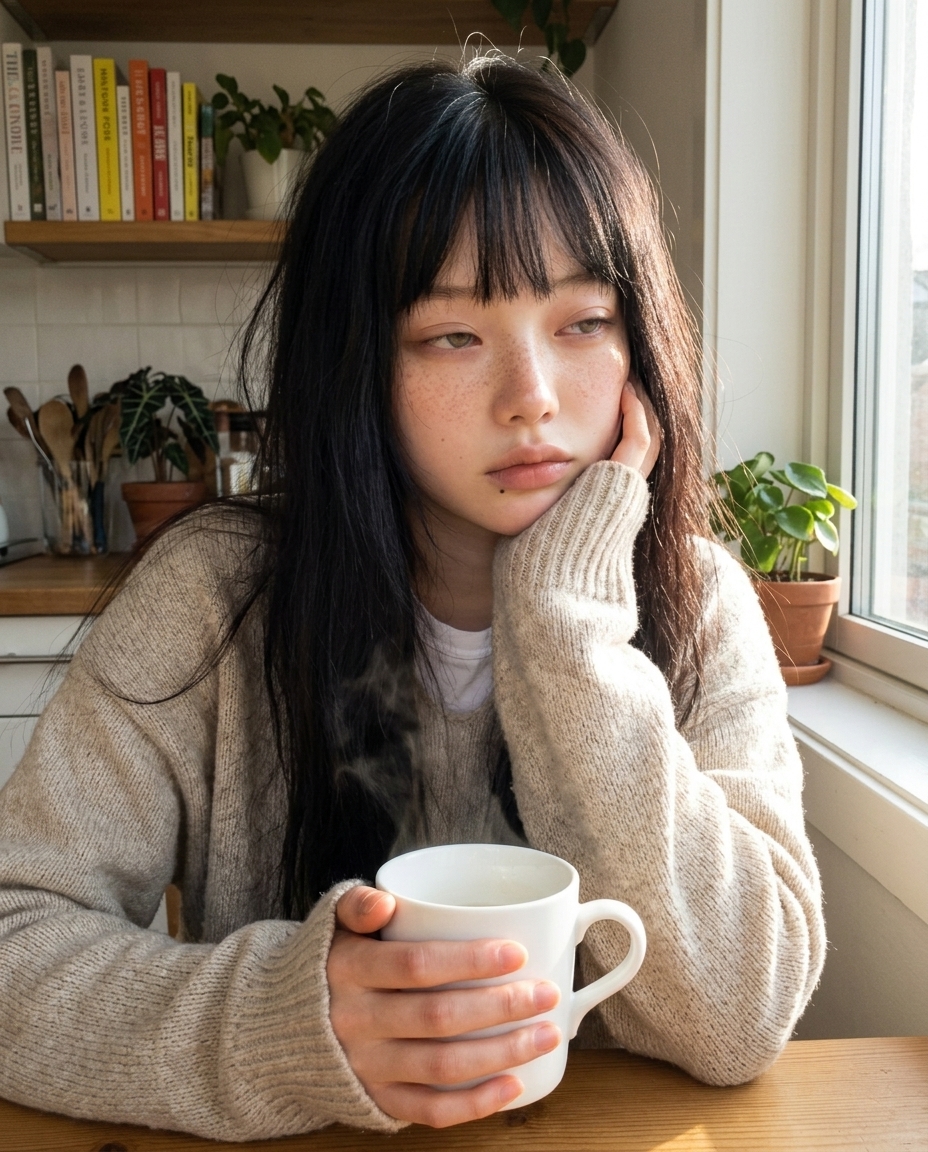 오트밀색 오버사이즈 니트를 입은 창백한 주근깨 피부의 졸린 눈 여성이 아침 햇살 가득한 부엌 식탁에서 두 손으로 김 오르는 머그컵을 감싸 쥐고 있다
