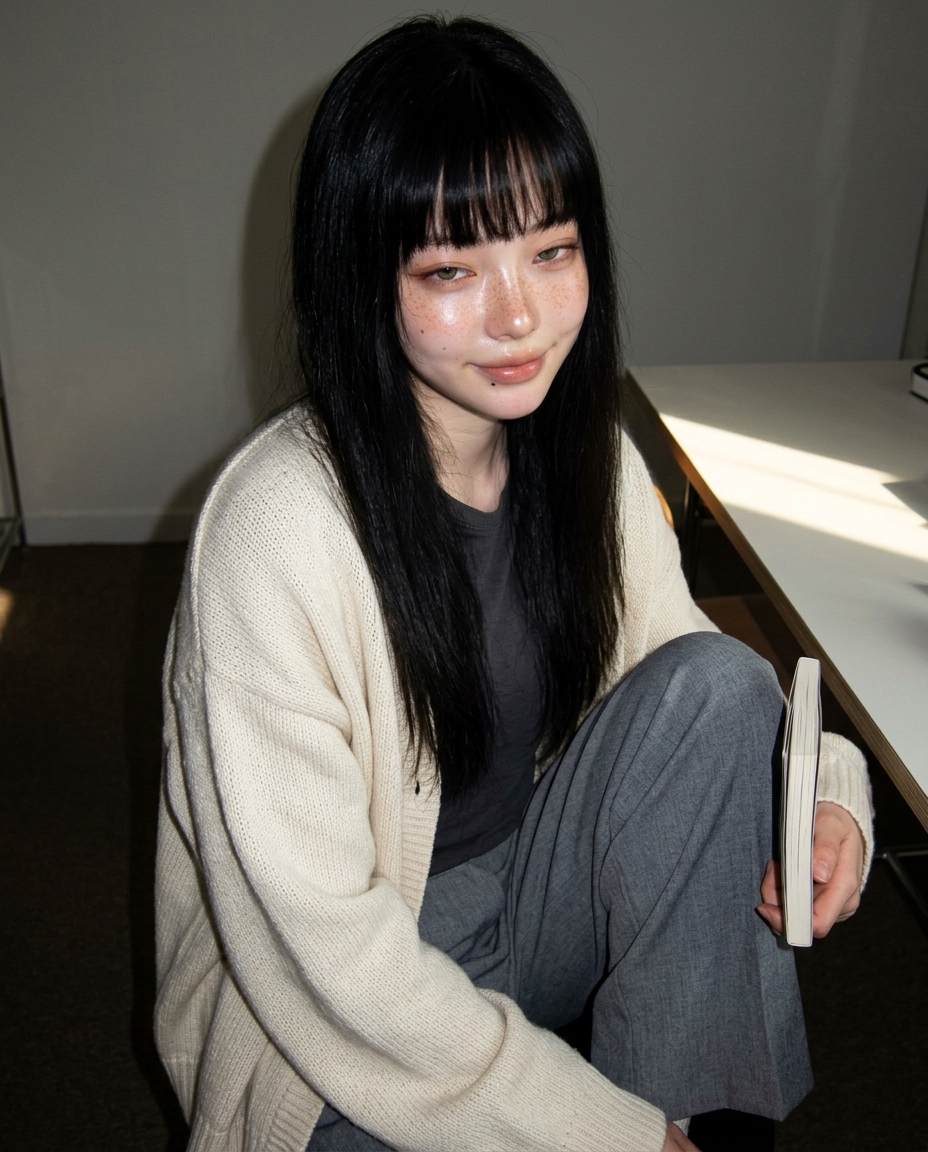 오전 작업방, 의자 옆 바닥에 비스듬히 앉아 페이퍼백을 든 새벽이의 셀카. 크림 카디건과 회색 와이드 팬츠, 창문에서 들어오는 아침 햇살.