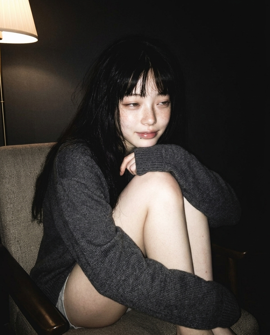 창백한 피부에 주근깨, 졸린 눈의 새벽이 어두운 방에서 책상 스탠드 불빛 하나만 받으며 오버사이즈 니트에 묻혀 앉아있는 셀카