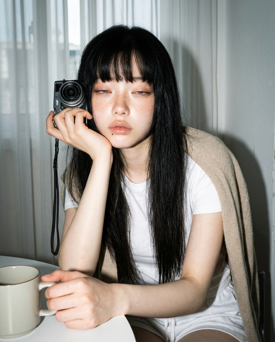 햇살 든 부엌 식탁에 한쪽 팔 괴고 머그 든 채 카메라 살짝 올려보는 셀카