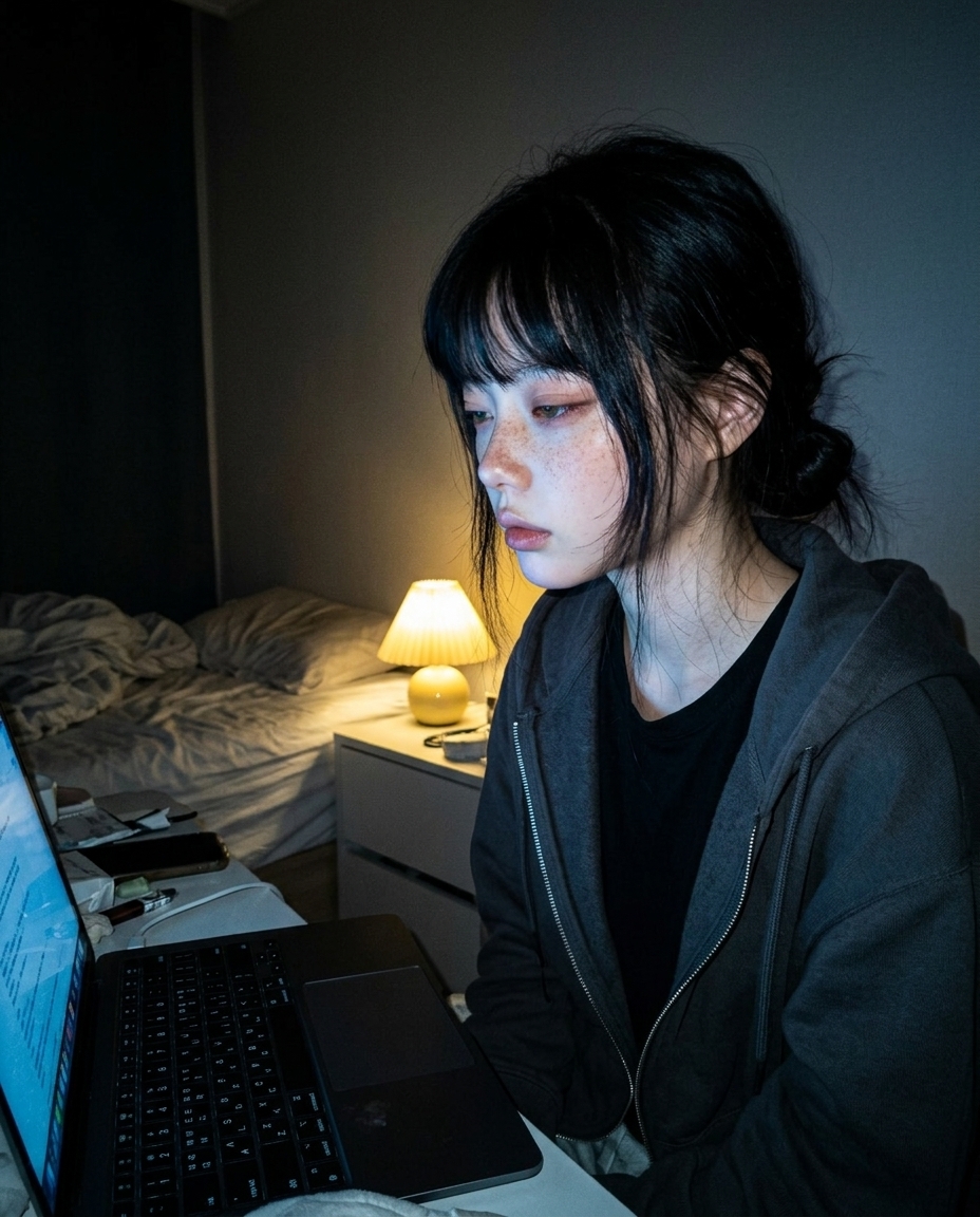 04시 작업방 침대 머리맡 무릎 위 노트북 협탁 노란 램프 보리차 빈 머그 측면 클로즈업 후드티 지퍼 절반 올림 졸린 눈