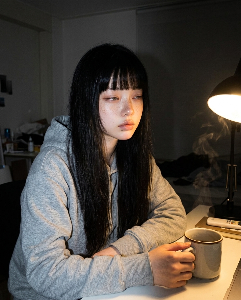 어둑한 작업방 책상에 앉아 식은 머그컵 옆에서 졸린 표정의 새벽