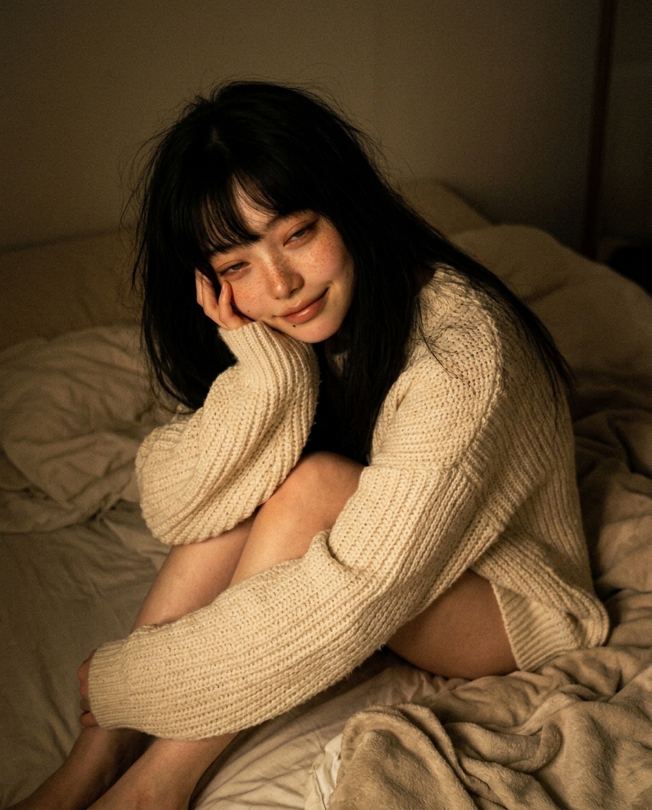 창백한 피부에 주근깨가 있는 졸린 눈의 인물이 어두운 침실에서 따뜻한 스탠드 불빛 아래 크림색 니트를 입고 늘어져 있는 셀카