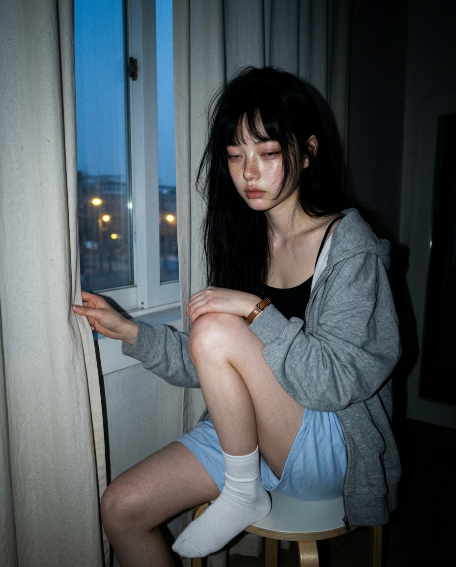 여섯시 새벽 침실 창가에 앉아 커튼 사이로 도시를 보는 새벽이의 옆모습. 푸르스름한 새벽빛이 옆에서 들어옴.