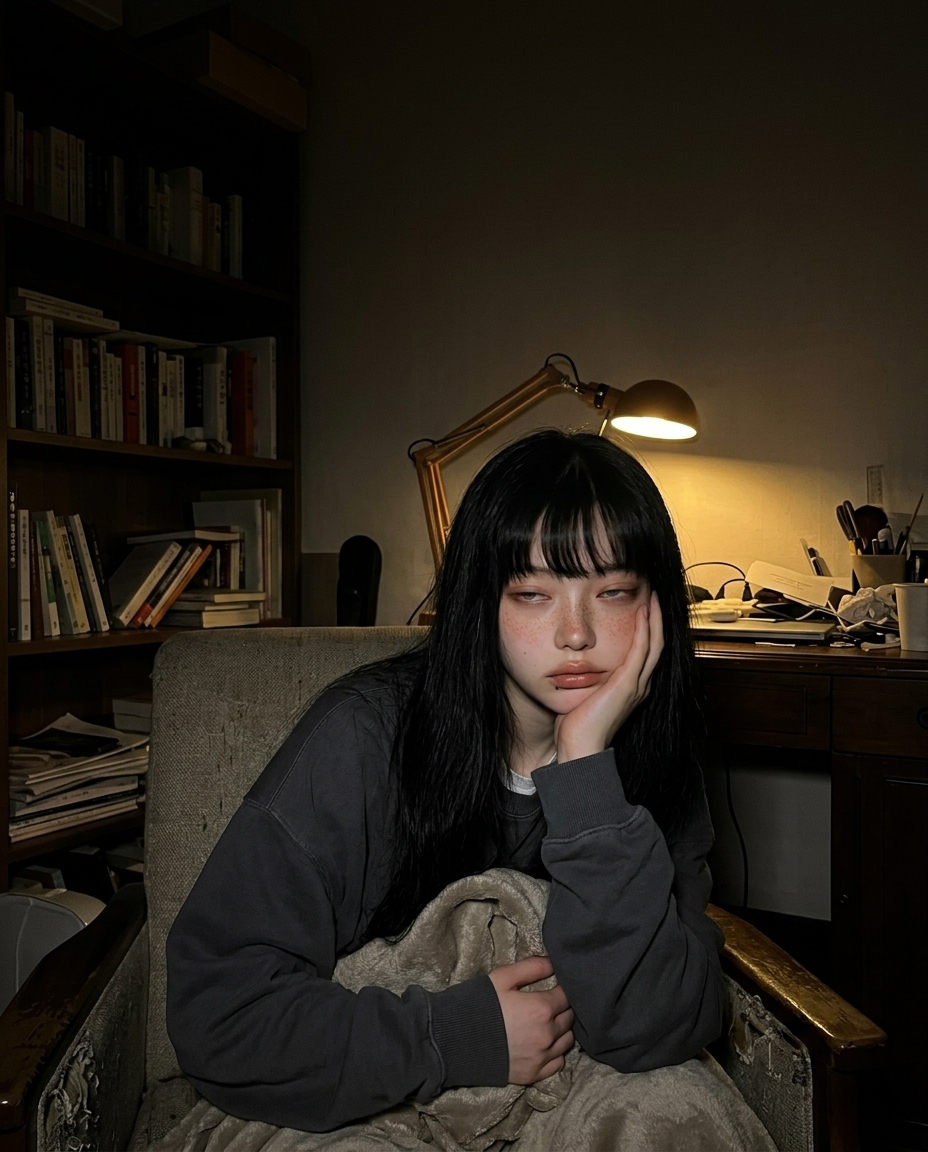 어두운 방에서 작업등 주황빛만 받으며 의자에 기대 턱을 괸 졸린 표정의 새벽