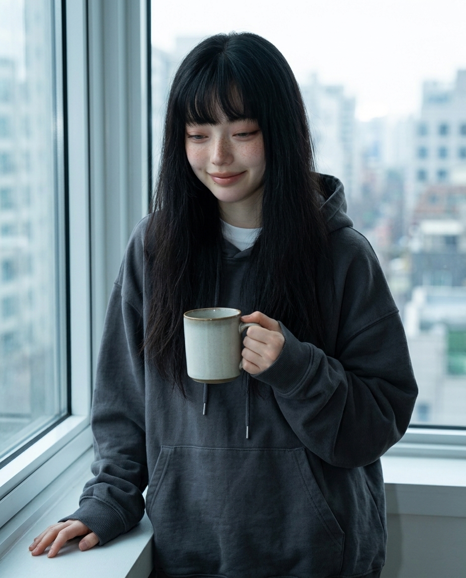 새벽이 동트기 직전 거실 창가에서 흰 리넨 커튼을 한 손으로 살짝 걷고 다른 손에 흰 머그를 들고 카메라를 바라보는 chest-up 셀카, 차콜 그레이 후디