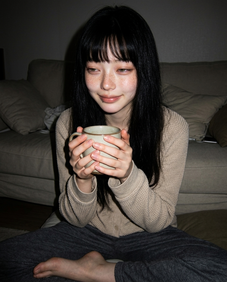 거실 소파에서 보리차 머그를 양손으로 감싼 새벽이