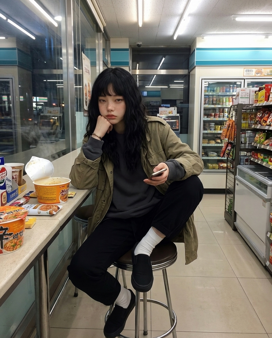 밤 편의점 창가 바 테이블에서 김 오르는 컵라면 앞에 젓가락 들고 카메라를 본 새벽, 창밖은 어두운 거리