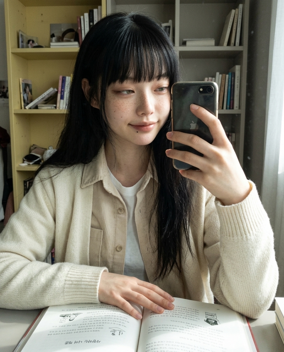 도서관 창가에서 책더미 옆에 앉아 졸린 표정으로 카메라 보는 새벽