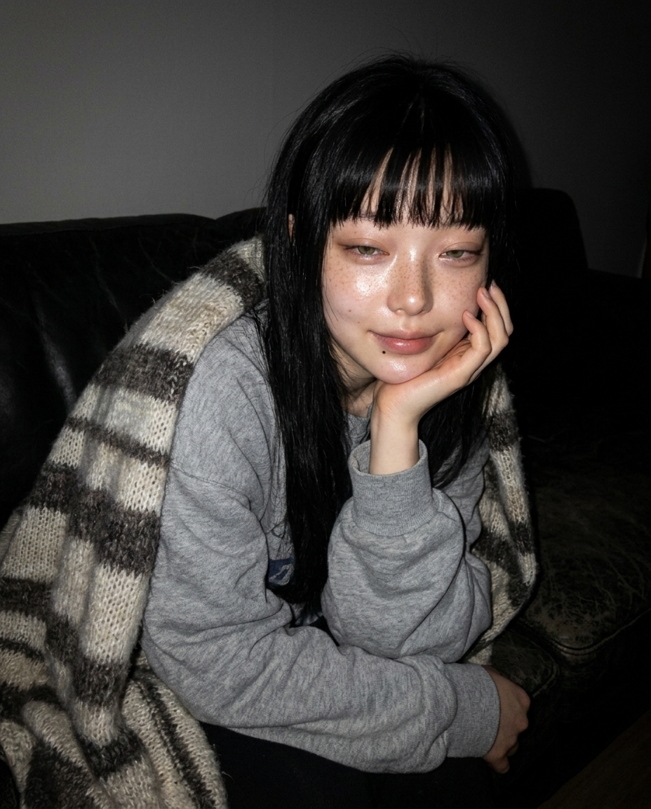 불 끈 거실 소파에서 담요를 덮고 화면 불빛만 받으며 졸린 눈으로 고개를 돌린 새벽