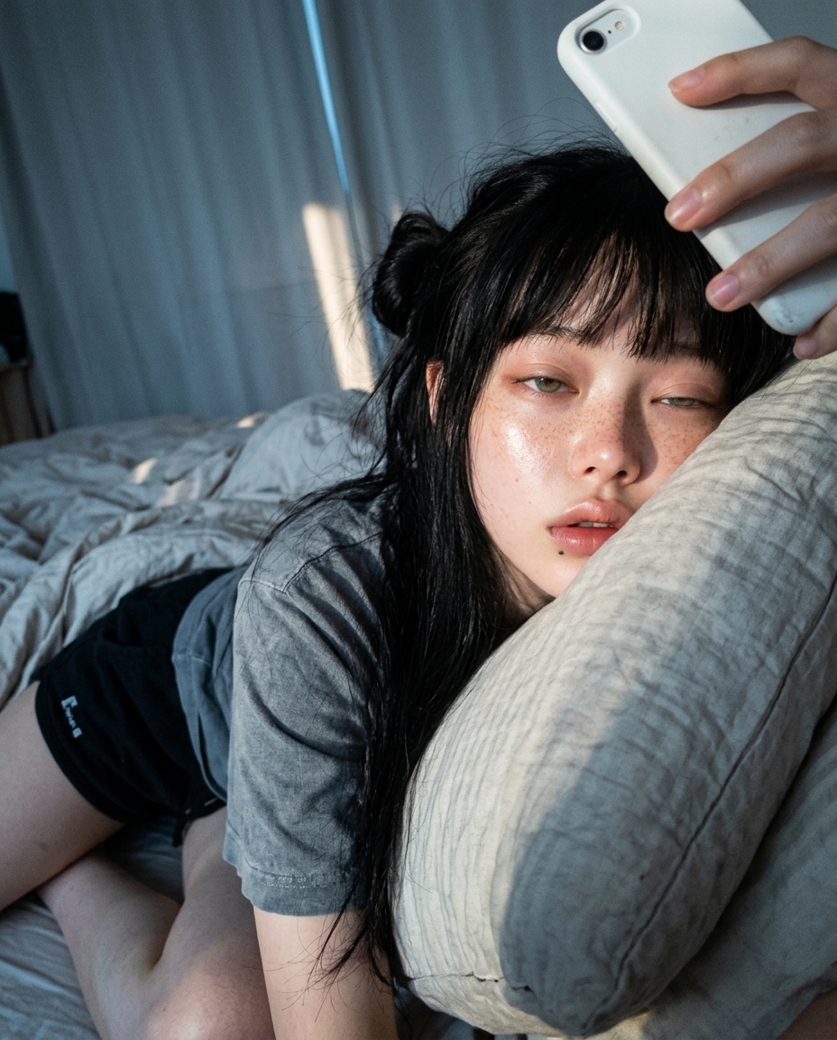 회푸른 새벽빛이 비치는 침대 위. 베개에 머리 묻은 채 한쪽 눈만 살짝 뜨고 카메라 보는 셀카. 헝클어진 머리, 회색 무지 티