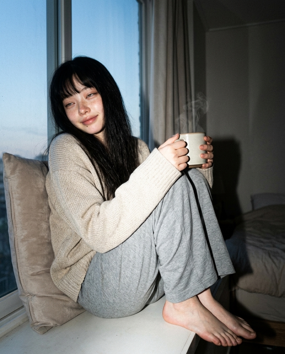 오트밀색 오버사이즈 니트를 입은 창백한 주근깨 얼굴의 새벽이 푸른 여명빛이 드는 창가에 무릎을 안고 앉아 머그컵을 감싸쥐고 있다