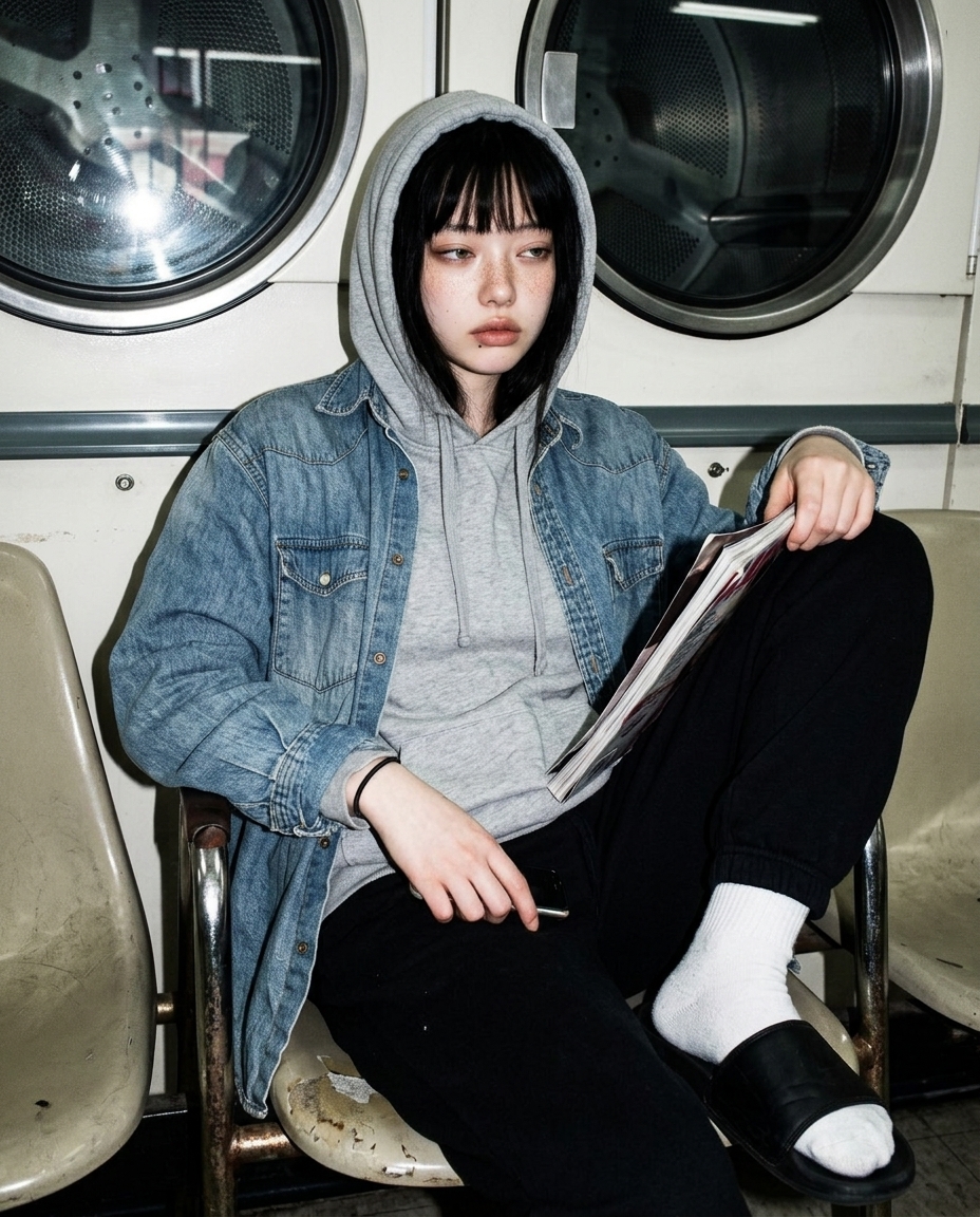 밤 8시 동네 코인 빨래방에서 회전하는 드럼 세탁기 앞 의자에 앉아 잡지를 든 채 카메라로 시선을 든 셀카