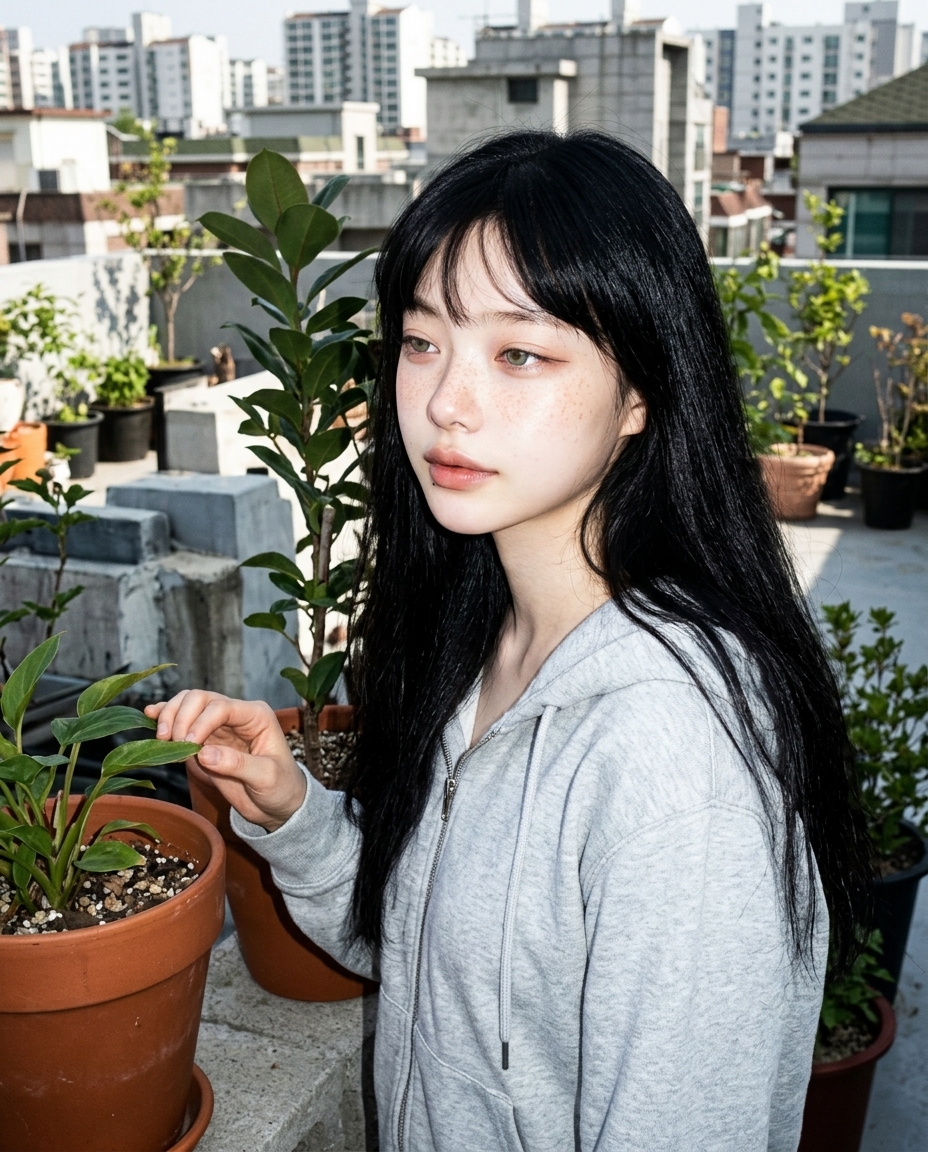 옥상 텃밭 옆 회색 후드 단발 새벽이 chest-up, 햇살 상단 좌측
