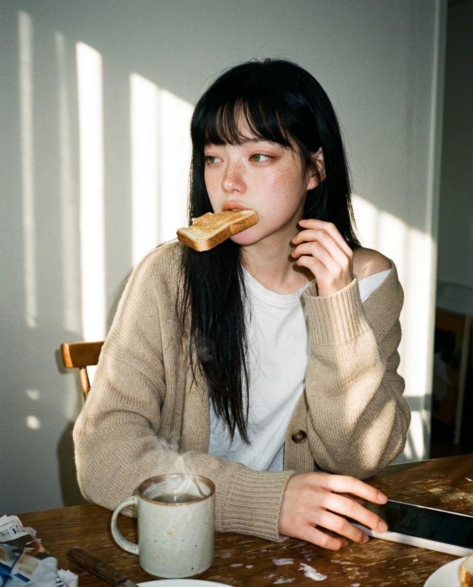 부엌 식탁 앞에 앉아 식빵 토스트를 손에 들고 위에서 비스듬히 찍은 셀카, 아침 햇살 줄무늬, 베이지 가디건