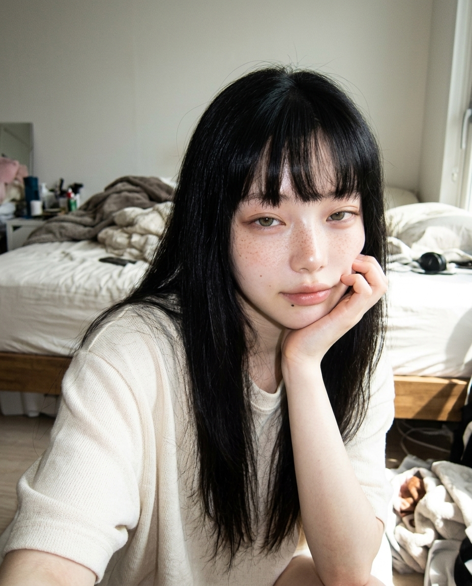 창가 식탁에 앉아 턱을 괴고 졸린 눈으로 정면을 보는 창백한 주근깨 피부의 새벽, 한낮 햇살이 환하게 쏟아진다