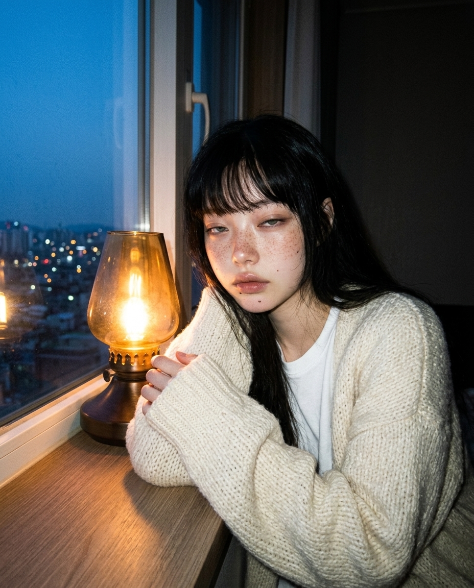 창가에 앉아 턱을 괴고 있는 창백한 주근깨 피부의 졸린 눈 인물, 창밖은 푸른 블루아워와 멀리 도시 불빛, 실내는 따뜻한 스탠드 불빛