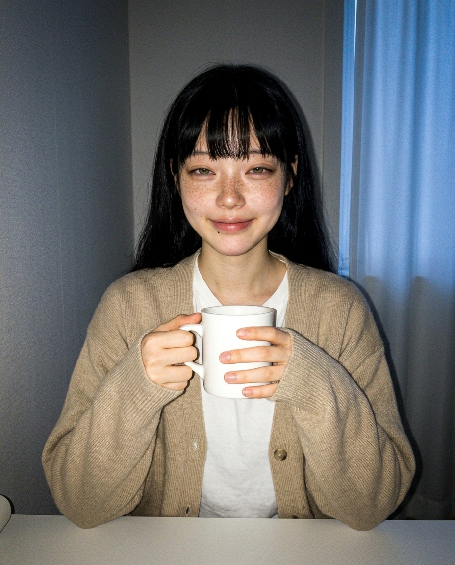 동트는 새벽 작업방에서 베이지 카디건 입고 따뜻한 머그를 양손으로 든 새벽이의 정면 셀카